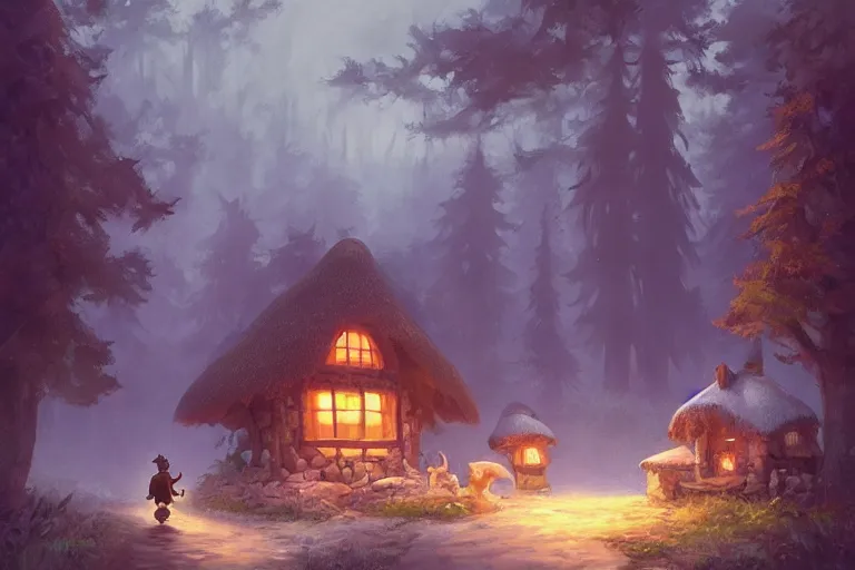 Prompt: a painting of a little cottage sitting on the back of a giant wolf that is walking through a magical forest, by andreas rocha, trending on artstation