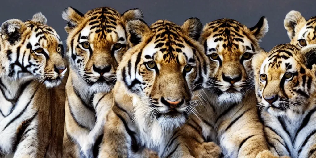 Image similar to Group photo of 4 animals (tiger, lion, cheetah, puma) in spacesuits before going to space. Highly detailed picture, movie scene.