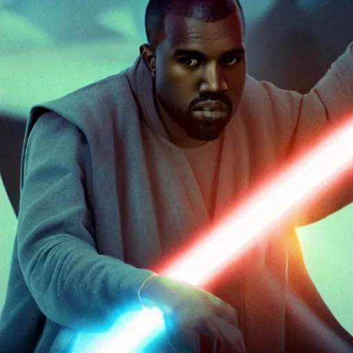 Image similar to Portrait of Kanye West as a jedi in Star Wars, splash art, cinematic lighting, dramatic, octane render, long lens, shallow depth of field, bokeh, anamorphic lens flare, 8k, hyper detailed, 35mm film grain