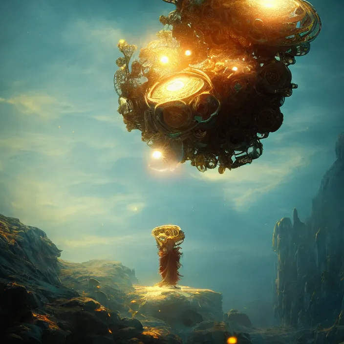 Prompt: a flower the whole within infinite capsule apparent with awe the apparition, an idea seep's into infinity highly detailed in volumetric latent space, golden turquoise steampunk, high contrast cinematic light, mystical shadows, sharp focus, divine realm of gods, octane render, artist by greg rutkowski,