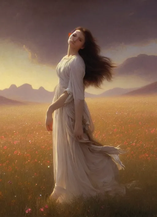 Prompt: oil painting portrait of a young woman with long flowing hair in a white dress, dancing through a field of flowers at sunset with mountains in the background, hazy, digital art, chiaroscuro, artstation, cinematic, golden hour, digital art painting by greg rutkowski, william - adolphe bouguereau, hazy atmosphere, flowers, cinematic lighting