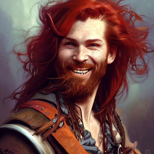 Image similar to portrait of a young ruggedly handsome but joyful pirate, male, masculine, upper body, red hair, long hair, d & d, fantasy, joyful expression, intricate, elegant, highly detailed, digital painting, artstation, concept art, matte, sharp focus, illustration, art by artgerm and greg rutkowski and alphonse mucha