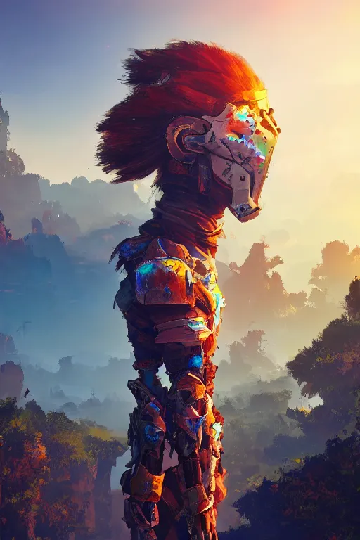 Image similar to combination suit armor aloy horizon forbidden west horizon zero dawn radiating a glowing aura global illumination ray tracing hdr fanart arstation by ian pesty and alena aenami artworks in 4 k tribal robot ninja mask helmet backpack