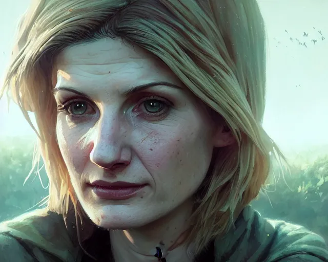 Image similar to highly detailed portrait of jodie whittaker, in the walking dead, stephen bliss, unreal engine, fantasy art by greg rutkowski, loish, rhads, ferdinand knab, makoto shinkai and lois van baarle, ilya kuvshinov, rossdraws, tom bagshaw, global illumination, radiant light, detailed and intricate environment