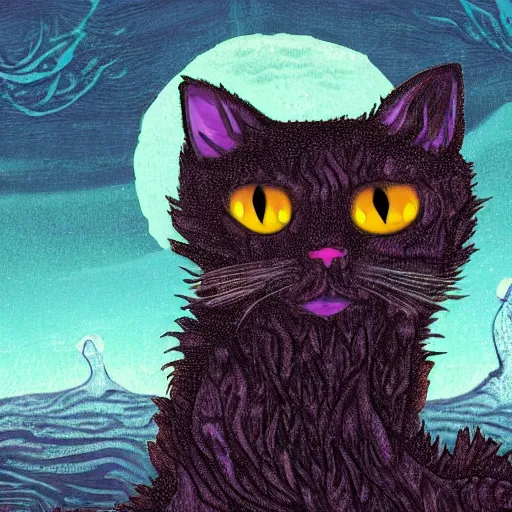 Prompt: Artwork of a cat sitting atop a cliff, admiring a twisted lovecraftian landscape lit by moonlight.