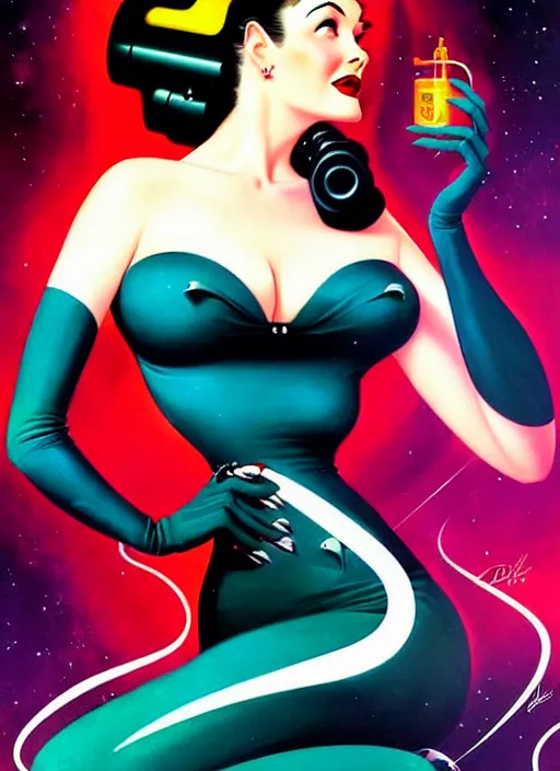 Image similar to a retro sci - fi pinup illustration of dita von teese in the style of anna dittmann and in the style of charlie bowater and in the style of alberto vargas and in the style of gil elvgren.