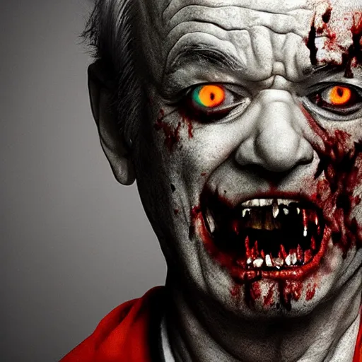 Image similar to bill murray as angry zombie portrait, horror core, apocalyptic, bathrobe, pale skin, wounds, one eye hanging out, snarling, dramatic, sharp focus, fiction, hyper detailed, digital art, trending in artstation, cinematic lighting, studio quality, smooth render, unreal engine 5 rendered, octane rendered, art style and nixeu and wlop and krenz cushart