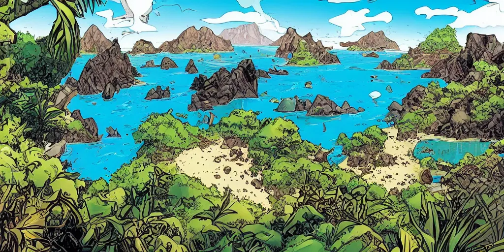 Prompt: stunning landscape of a lost island on a sunny day by brian k. vaughan