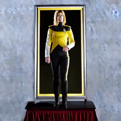 Image similar to a full body photograph of 3 0 year old eva green as a star fleet officer from star trek next generation, extreme realism and detail, 8 k, completely framed, direct lighting, 3 5 mm photo, photorealistic, sharp focus