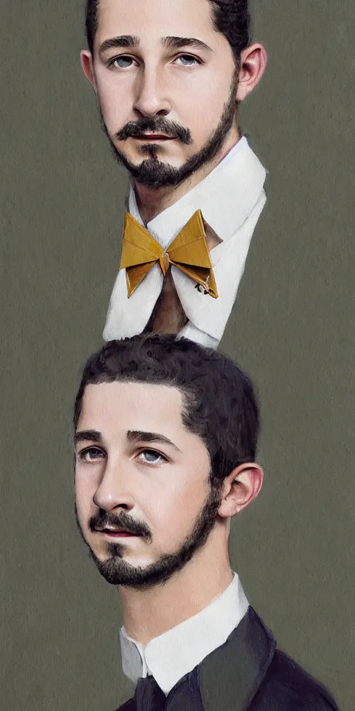 Prompt: a professional painting of Shia LaBeouf as a beautiful young prince, wearing an origami high fashion tuxedo, olive skin, buzzed short dark hair, beautiful bone structure, symmetrical facial features, intricate, elegant, digital painting, concept art, smooth, sharp focus, illustration, from Metal Gear, by Ruan Jia and Mandy Jurgens and Artgerm and William-Adolphe Bouguerea