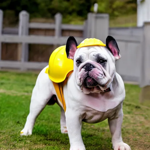 Image similar to A white olde english bulldogge operating heavy machinery while wearing a yellow hard hat
