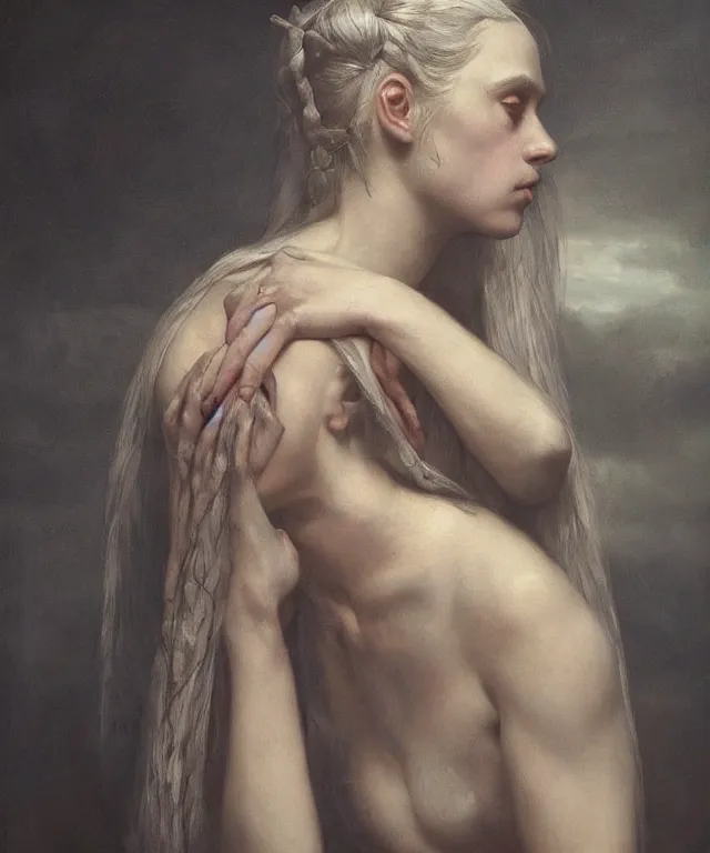 Image similar to the portrait of ( ( ( ( ( hunter schafer ) ) ) ) ) in black wax crown by roberto ferri, dark fantasy, witcher, very detailed oil painting, masterpiece, 8 k