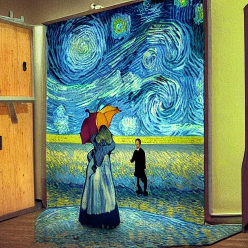 Image similar to girl with an umbrella girl with an umbrella. a walk inside a van gogh painting is a starry night. inside the painting. see everything from the inside. clearly detailed. dramatic.