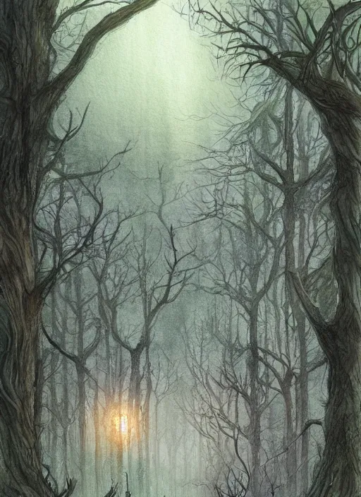 Prompt: treehouse city in the forest with fairy lights, light ground fog, river, detailed fantasy watercolor comic style, subtle colors, by alan lee and john howe