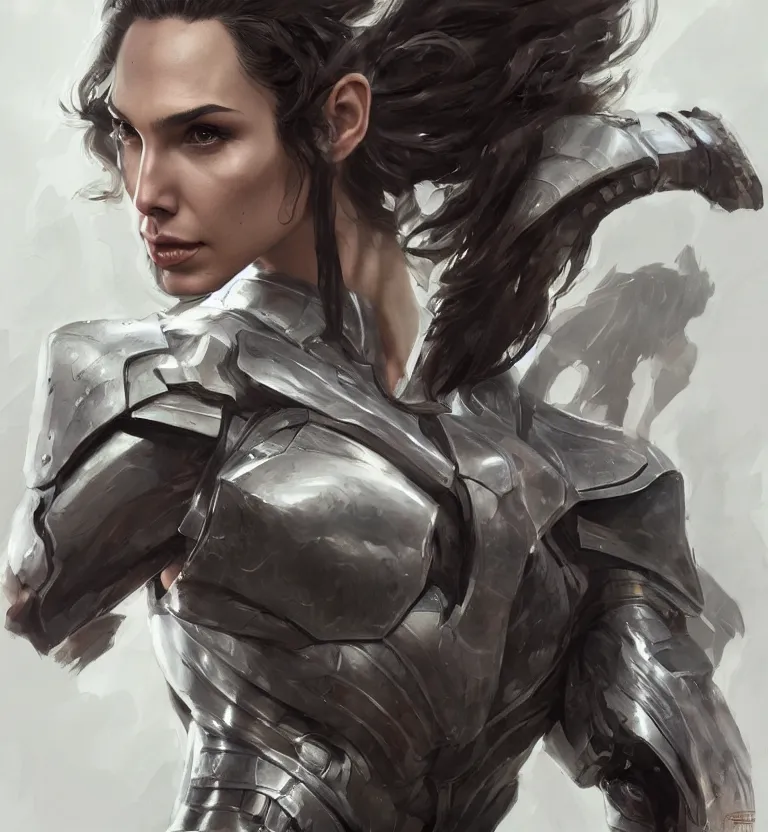 Image similar to fully body fashion model fantasy Gal Gadot wearing military armor long dark hair beautiful bone structure symmetrical facial features intricate elegant digital painting concept art smooth sharp focus illustration from Metal Gear by Ruan Jia and Mandy Jurgens by Artgerm by William-Adolphe Bouguerea