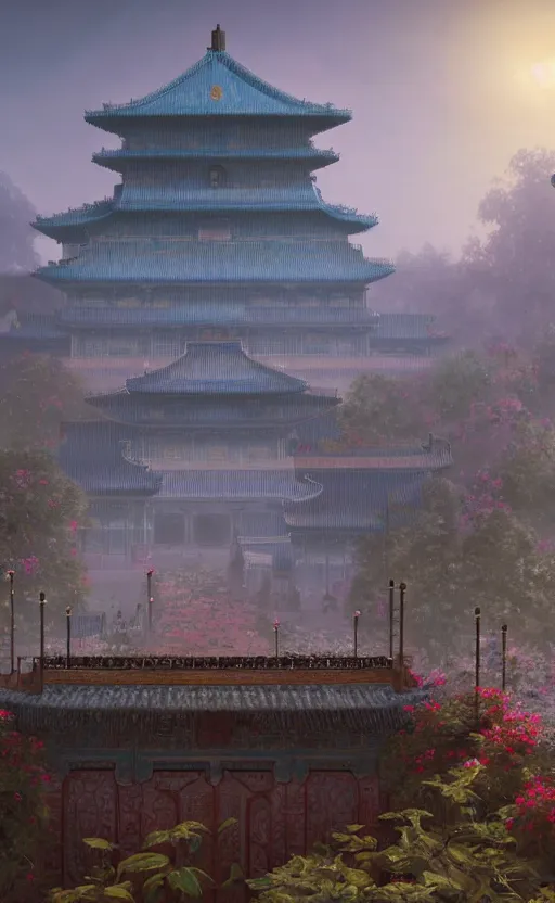 Image similar to vanishing point, palace covered with aqua blue roses like the forbidden city in distance at the red rose royal manor, viewed from afar, stephen bliss, misty, unreal engine, fantasy art by greg rutkowski, loish, ferdinand knab, and lois van rossdraws,, global illumination, radiant light, minimalist, detailed and intricate environment