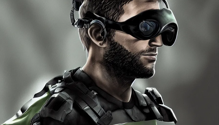 Image similar to eden hazard is sam fisher from splinter cell, black suit, black background, hyperdetailed, artstation, cgsociety, 8 k