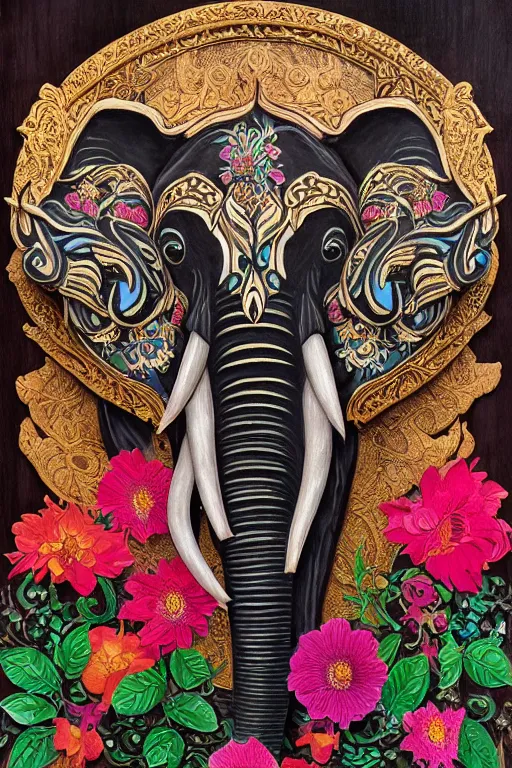 Image similar to Painted dark-wood panel relief carving of a close up of a Flowerpunk Matriarch Elephant, ornate border frame, explosion of colorful flowers, dark wood, intricately carved, black ink, festival of rich colors, intricate details, cinematic lighting, volumetric lighting, post-processing, art nouveau, by andreas rocha and john howe, and Martin Johnson Heade, featured on artstation, featured on behance, golden ratio, hyper detailed, photorealistic, epic composition, center spotlight, f32, well composed, symmetrical, UE5, 8k