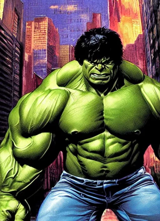 Image similar to a portrait of the incredible hulk looking angry in new york city by joe jusko, simone bianchi and alex ross dramatic lighting.