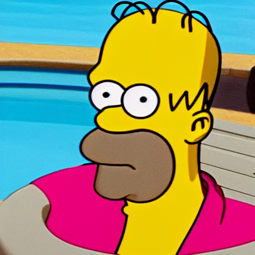 Image similar to Homer Simpson in a swimming pool dark and creepy 4K quality super realistic