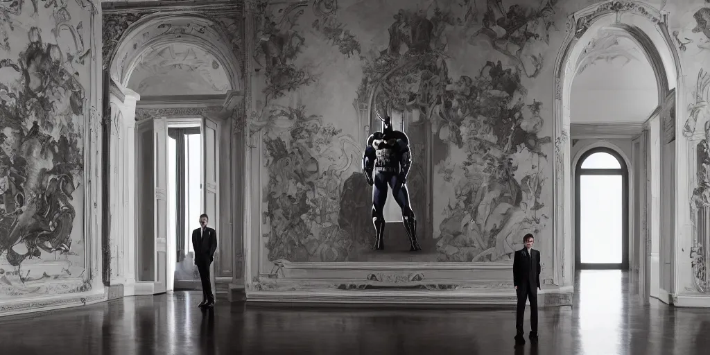 Image similar to Batman standing in giant Italian modern castle living room, clean minimalist design, that is 1300 feet tall, with very tall giant walls filled with modern art paintings, doors that are cosmic portals, photo by Annie Leibovitz