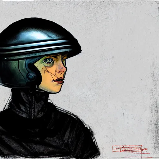 Image similar to portrait of girl wearing a helmet, in the style of enki bilal and dave mckean, isolated on white