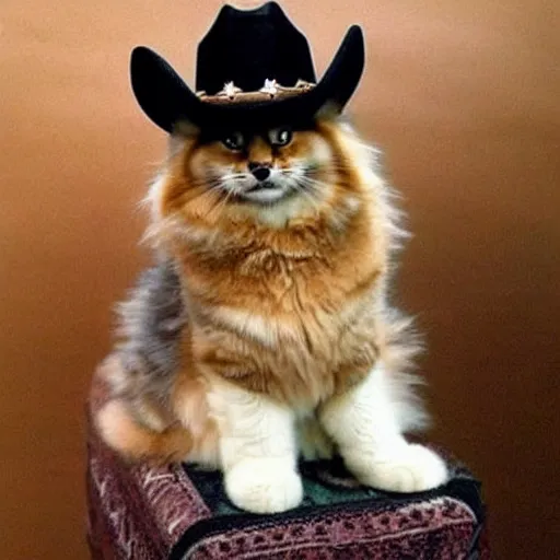 Image similar to siberian cat in a cowboy hat riding a corgi, wild west, sunset. no dude, for real, i want a siberian felis catus wearing a cowboy hat, riding a corgi canis. i dont want any cat hybrids, dogs ruding dogs or girls!!!!