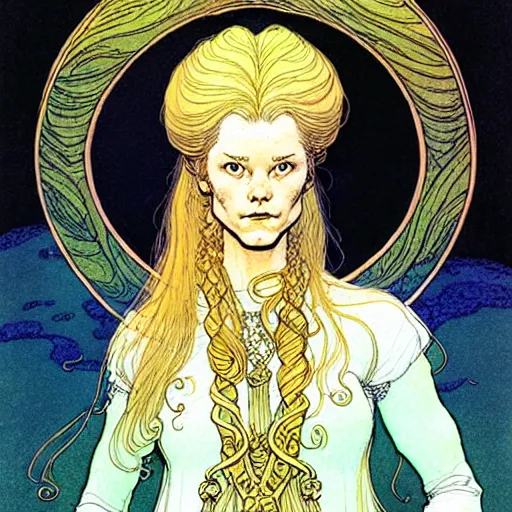 Image similar to a beautiful portrait of sanna!!!!! marin!!!!!, the young female prime minister of finland as a druidic wizard by rebecca guay, michael kaluta, charles vess and jean moebius giraud