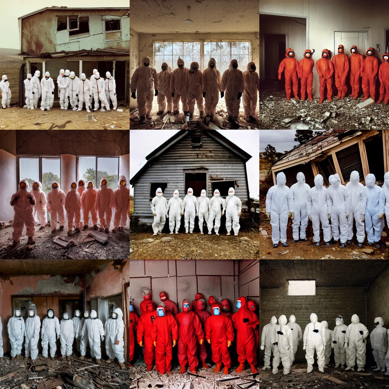 Prompt: wide - shot photo of a group of scared scientists in hazmat suits, in front of a hell open rift, inside an abandoned house, by shaun tan, codachrome, 8 k, hd, highly detailed,