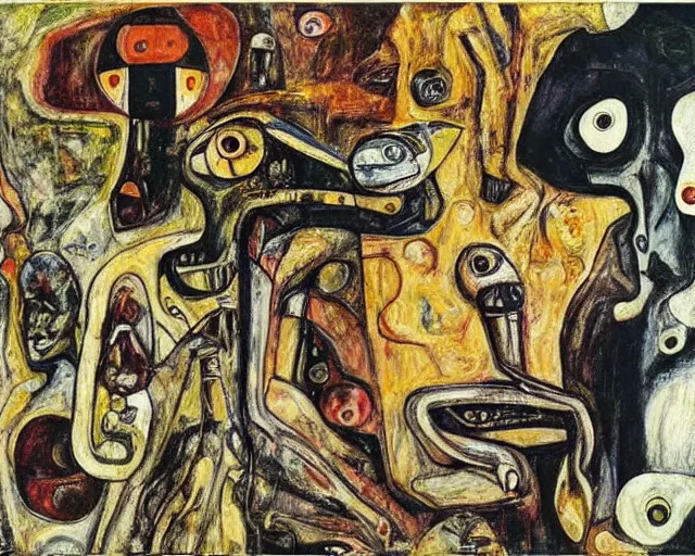 Prompt: a painting of a aliens and robots by graham sutherland, egon schiele, gustav klimt, guernica!!, expressionism