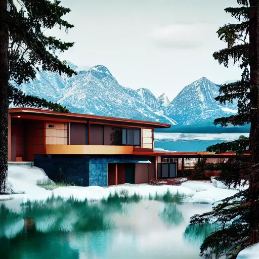 Image similar to wes anderson style modern futuristic house near the lake, snowy mountains and green forest, cinematic, realism, photo, detailed