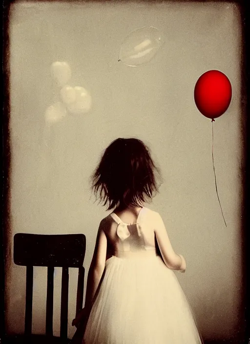 Prompt: little girl looks at a balloon that flies away, fine art portrait photography by Sarah Moon