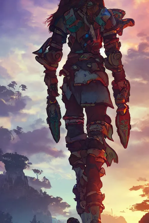 Image similar to combination suit armor aloy horizon forbidden west horizon zero dawn radiating a glowing aura global illumination ray tracing hdr fanart arstation by ian pesty and alena aenami artworks in 4 k tribal robot ninja mask helmet backpack