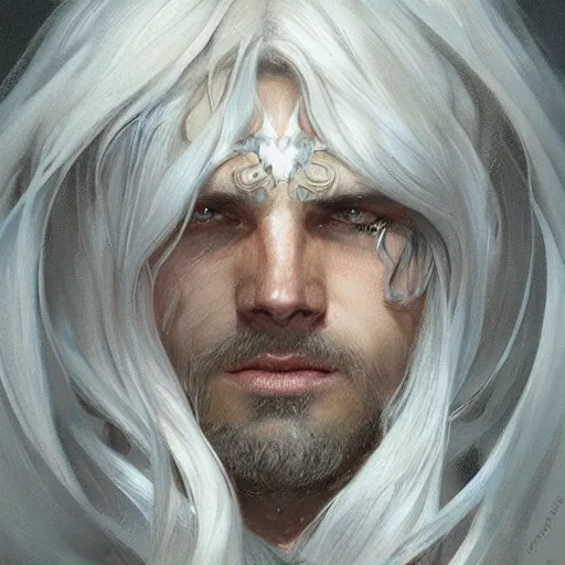 Image similar to portrait of knight, white eyes, white mid hair, scar on face, handsome, elegant, intricate, headshot, highly detailed, digital painting, artstation, concept art, sharp focus, illustration, art by artgerm and greg rutkowski and alphonse mucha