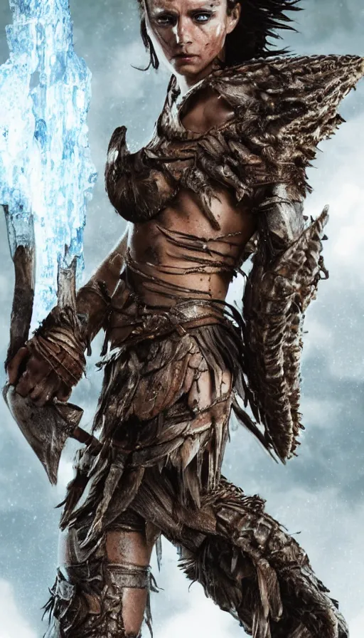 Image similar to wet ancient princess tribeswoman in battlerage, destroyed armor inspired by monster hunter, low shot camera, muscular, symmetrical face, clean face, subtle make up, debris and arrows flies around her, frozen time effect,dramatic lighting, cinematic, establishing shot, extremely high detail, photorealistic, 300 the movie,monster hunter the movie, dune the movie, cinematic lighting, artstation, octane render, western,old photo, vintage