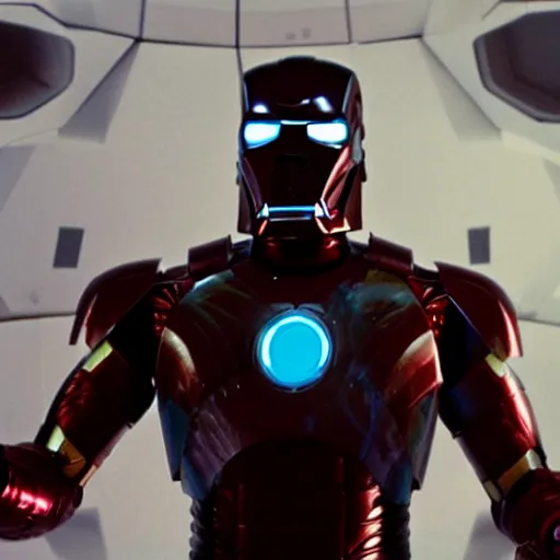 Prompt: a mix between iron man and darth vader, in space, shot on alexa, 3 5 mm cooke, still from a movie, trending on hollywood reporter, realistic, cg render, roger deakins