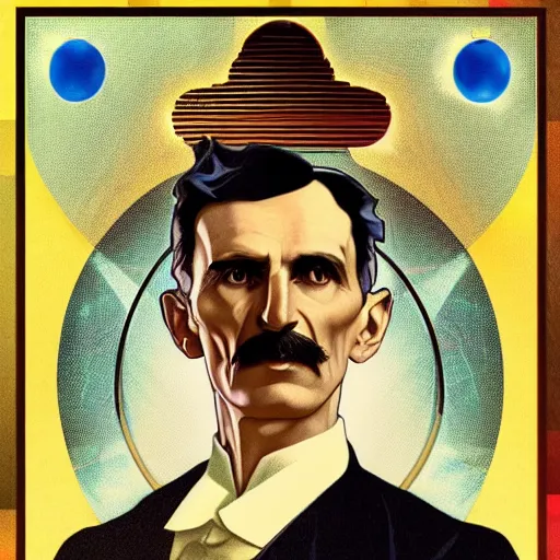 Image similar to [UHD Nikola Tesla as a GTA character on the streets of futuristic laserpunk Dallas, holding a wicked ray gun, correct face, intricate facial details, symmetrical face, elegant, graphic detail, digital painting, trending on artstation, concept art, tonalism, sharp focus, illustration, art by Akira Toriyama and Greg Rutkowski and Alphonse Mucha]