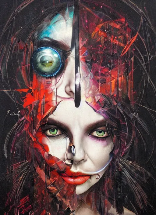 Image similar to creative magic cult psychic woman smiling, third eye concept, subjective consciousness psychedelic, epic surrealism expressionism symbolism, story telling, iconic, dark robed, oil painting, symmetrical face, dark myth mythos, by Sandra Chevrier, Noriyoshi Ohrai masterpiece