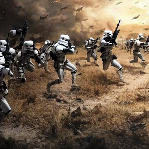 Prompt: hyper realism, realistic apocalyptic war scene, explosions, science - fiction soldiers running with armour like stormtroopers in the middle of explosions and bullets, view from far away,