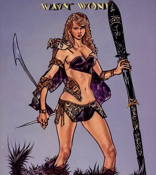 Image similar to 1 9 8 0 s fantasy novel book cover, amazonian taylor swift in extremely tight bikini armor wielding a cartoonishly large sword, exaggerated body features, dark and smoky background, low quality print