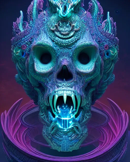 Image similar to 3 d ornate carved dark cosmic king with profile portrait, sigma 5 0 0 mm f / 5. beautiful intricate highly detailed quetzalcoatl skull. bioluminescent, plasma, lava, ice, water, wind, creature, thunderstorm! artwork by tooth wu and wlop and beeple and greg rutkowski, 8 k trending on artstation