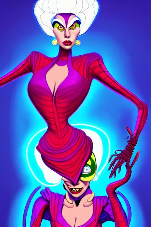 Prompt: lady gaga as queen toxique, an alien supervillainess with mutagenic powers, glowing energy effects, full color digital painting in the style of don bluth, jamie hewlett, artgerm, artstation trending, 8 0 s vibes