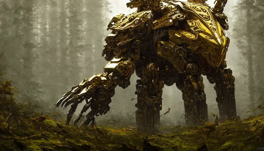 Image similar to large walking mech covered in gold and silver armor with elden ring aesthetic, covered in moss and birds, glowing lights, beautiful forests and trees, intricate detail, epic wallpaper, art by darek zabrocki and John Park and Feng Zhu and Jason Chan, trending on artstation, masterpiece.