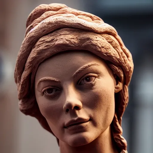 Image similar to extreme long - shot photograph of a renaissance clay sculpture of margot robbie wearing a phrygian cap in times square, made by michelangelo, very detailed, sharp focus, 8 k resolution, ray tracing