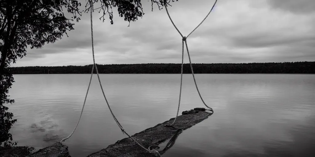 Image similar to symmetrical photograph of an infinitely long rope on the surface of the water, the rope is snaking from the foreground towards the center of the lake, a dark lake on a cloudy day, trees in the background, moody scene, anamorphic lens