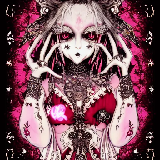 Image similar to baroque bedazzled gothic royalty frames surrounding a pixelsort emo demonic horrorcore japanese yokai doll, low quality sharpened graphics, remastered chromatic aberration spiked korean bloodmoon sigil stars draincore, gothic demon hellfire hexed witchcore aesthetic, dark vhs gothic hearts, neon glyphs spiked with red maroon glitter breakcore art by guro manga artist Shintaro Kago