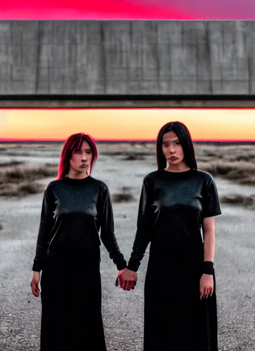 Image similar to cinestill 5 0 d photographic portrait of 2 women holding hands, wearing black techwear in front of a brutalist brushed metal building, closeup, on a desolate plain with a red sky, dystopia, cyberpunk, closeup, depth of field, 4 k, 8 k, hd, full color