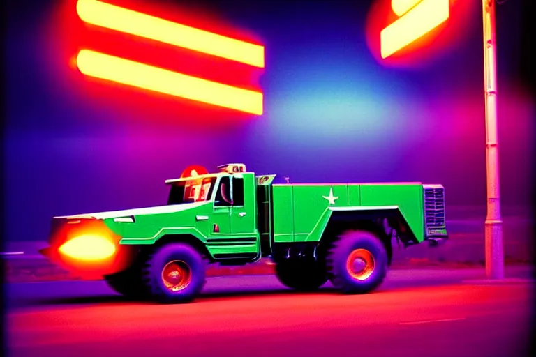 Image similar to stylized poster of an himars concept, thick neon lights, ektachrome photograph, volumetric lighting, f 8 aperture, cinematic eastman 5 3 8 4 film