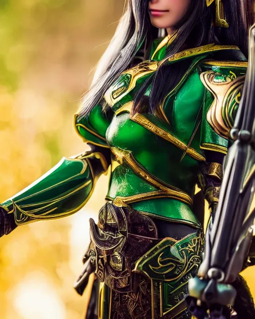 Prompt: a beautiful close up photo of a female Asian elf ranger with long hair and green eyes, no helmet, wearing green and gold futuristic mecha armor, with ornate rune carvings and glowing lining, very detailed, shot in canon 50mm f/1.2