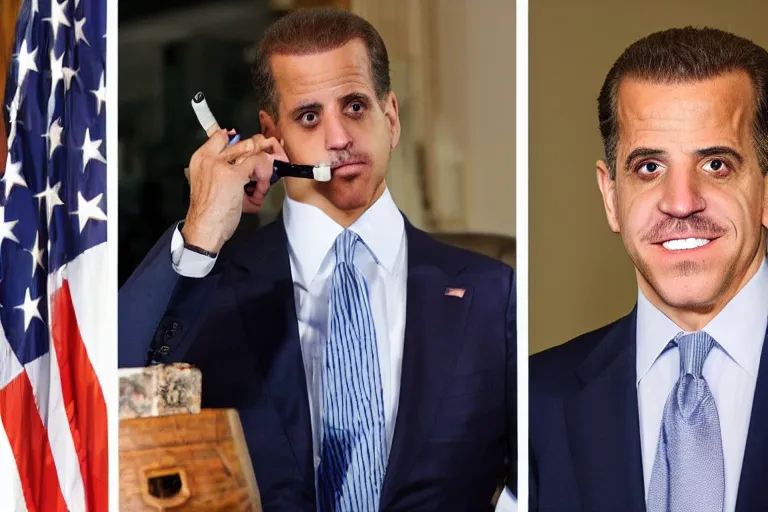 Prompt: hunter biden smoking crack pipe. wide angle view